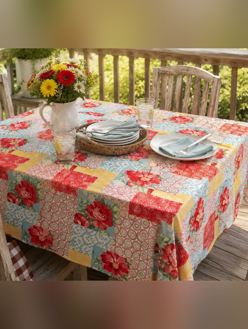 Pioneer Woman Patchwork Tablecloth | Red Floral & Yellow Gingham Rectangular